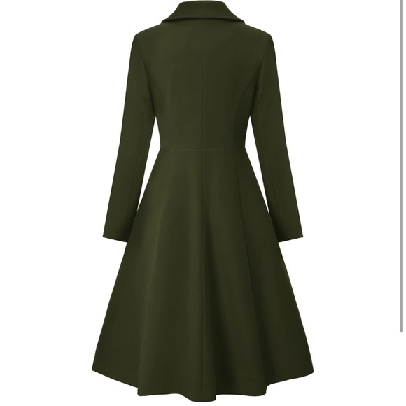 Women's Pea Coat Double Breasted A Line Long Trench Coat with Pockets - Green - Picture 2 of 7